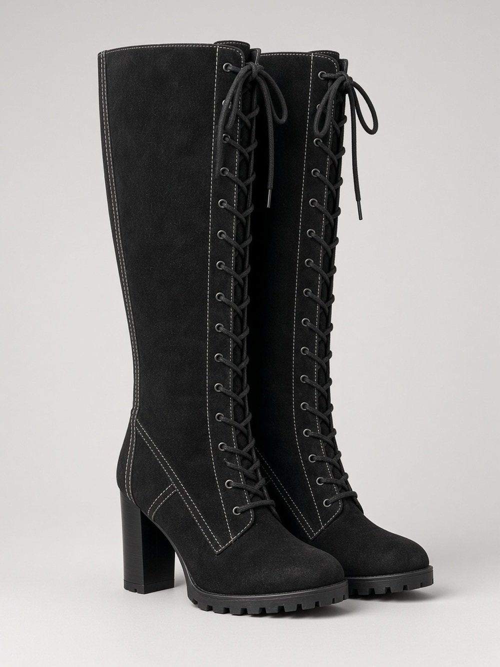 Ainsley Black Lace-Up Knee-High Block Heel Boots